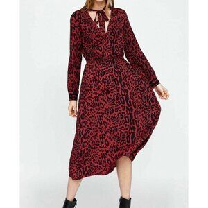 Zara Womens Red Leopard Print Midi Dress Tie Neck Long Sleeves size Medium